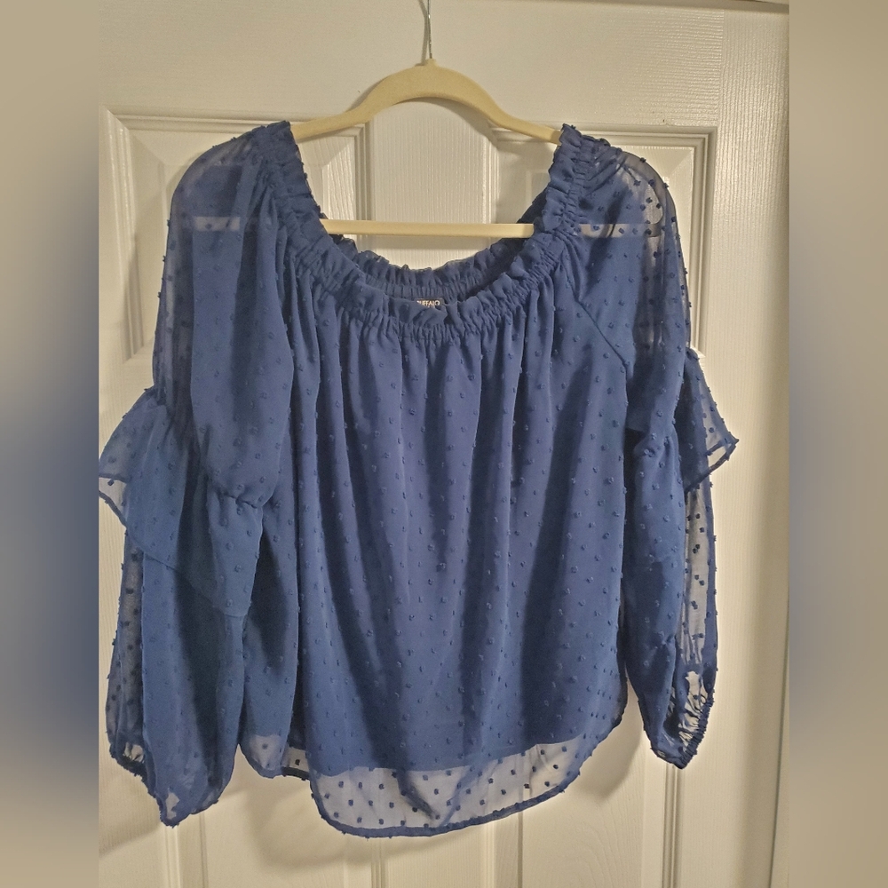 Dot Top Sheer Sleeves Buffalo David Bitton Navy Blouse